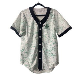 White & Green Splatter Print Alt Indie Streetwear Skater Baseball Shirt Size L